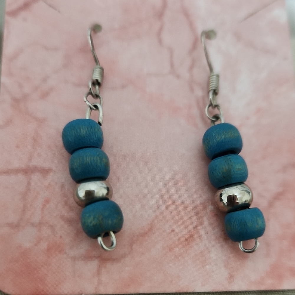Blue Wooden Silver Earrings With backs
